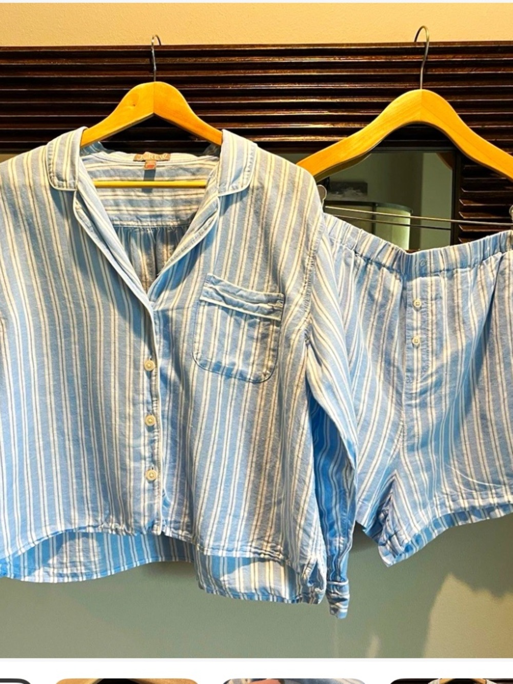 J.Crew Striped Long-Sleeve Pajama Shorts Set - Blue & White Linen Blend Large